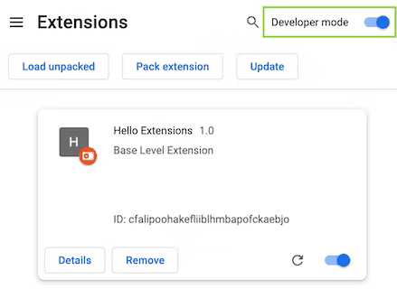 The Chrome Extensions page with Developer mode toggle highlighted